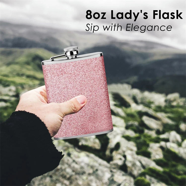 LMETJMA 8oz 230ML Hip Flask Stainless Steel Glitter Bling Liquor Flask for Women Leakproof Girl Whiskey Flask Pocket Flask JT376
