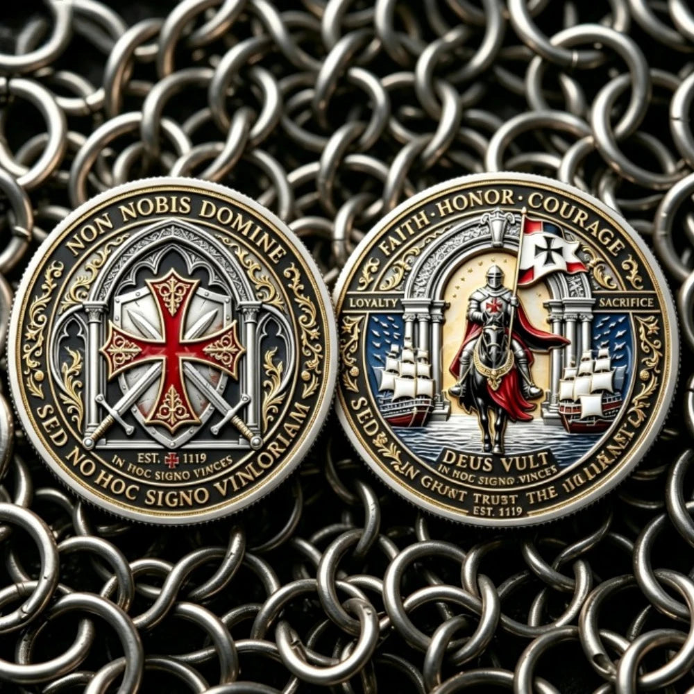 Knights Templar Challenge Coin Deus Vult & Non Nobis Domine Commemorative Coin Antique Gold Plated Collectible