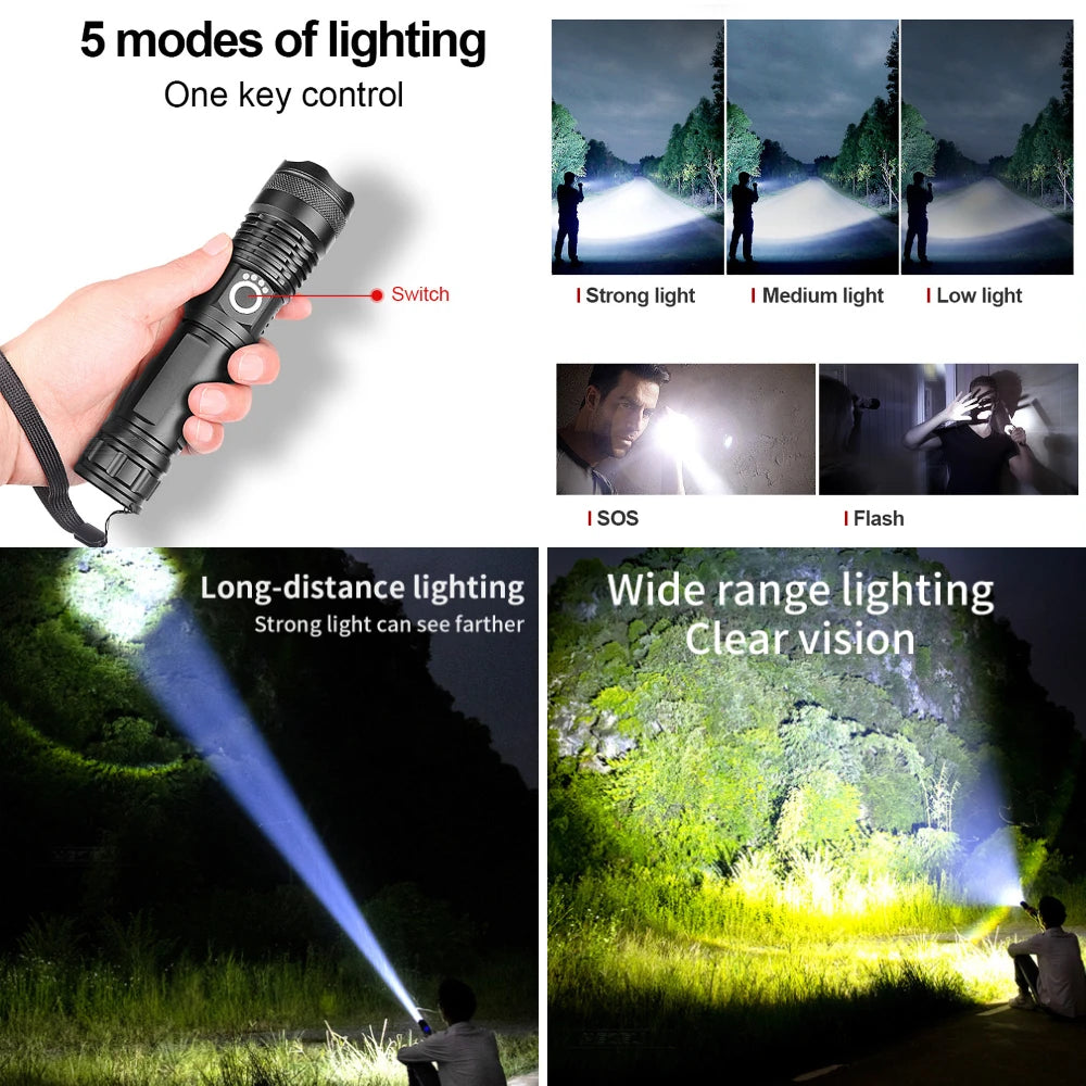 Rechargeable LED Flashlights 990000 Lumens Super Bright Portable Flashlights 5 Modes IPX4 Waterproof Handheld Torches for Hiking