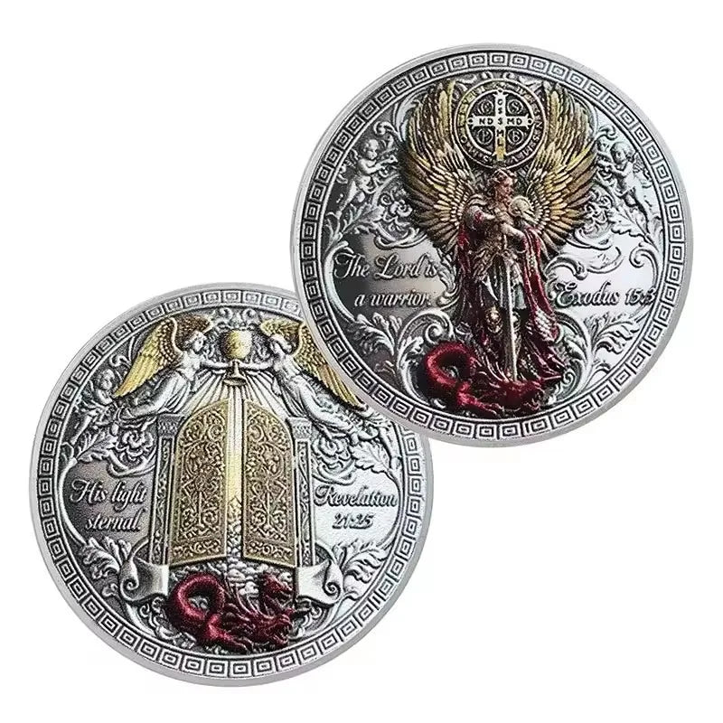 Challenge Coin Catholic Religious Token Silver-Plated Alloy Polished Round Size Saint Michael Archangel Design Faith Gift