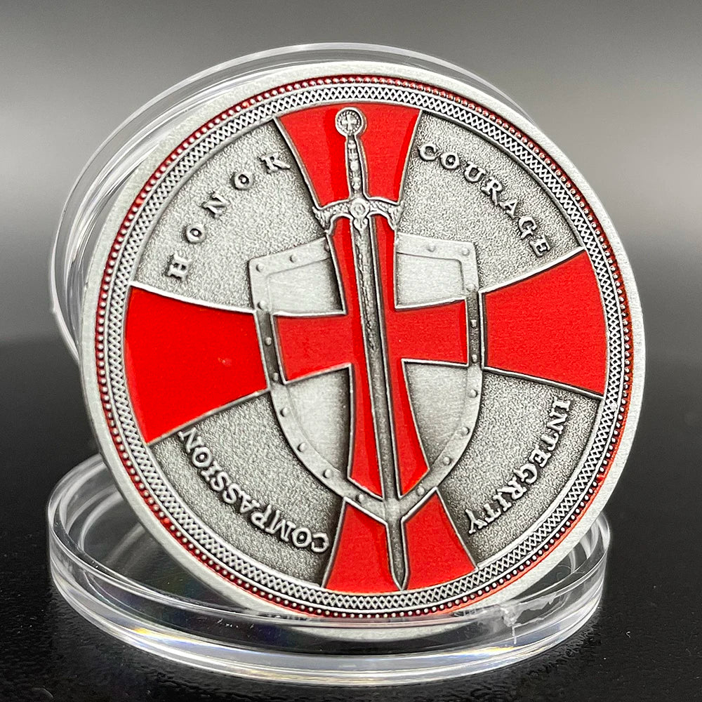 Knight Templar Challenge Coin Vintage Collectible Coin with Shield & Cross Design, 40mm Metal Coin for History Fans