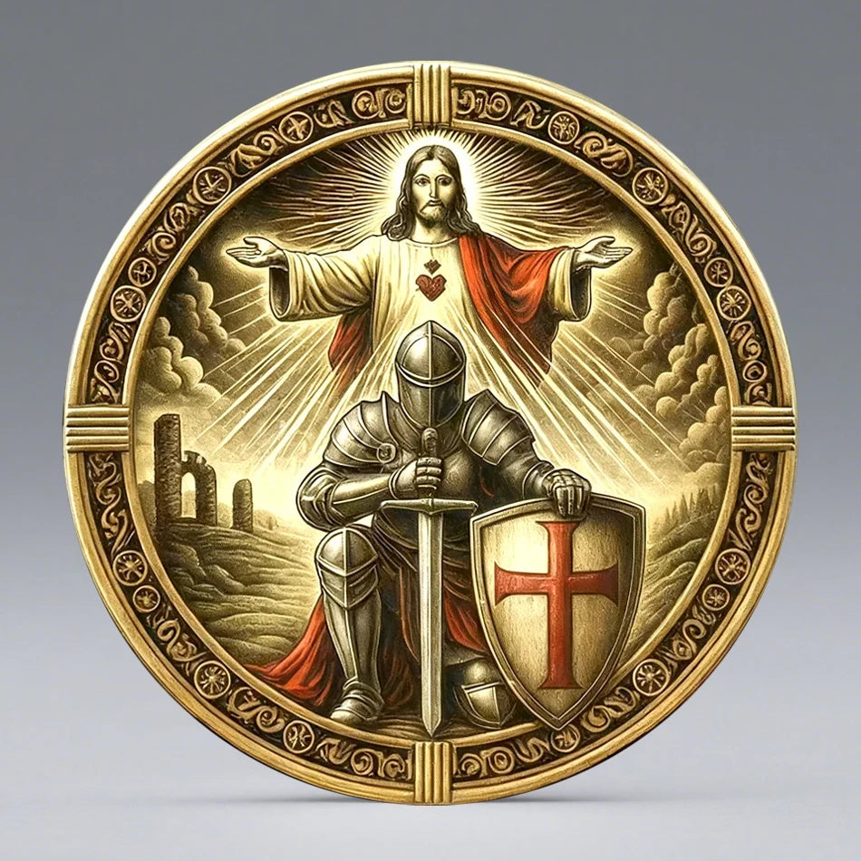2D Armor of God Templar Coin Gold Plated Christian Challenge Coin with Knight and Jesus Design