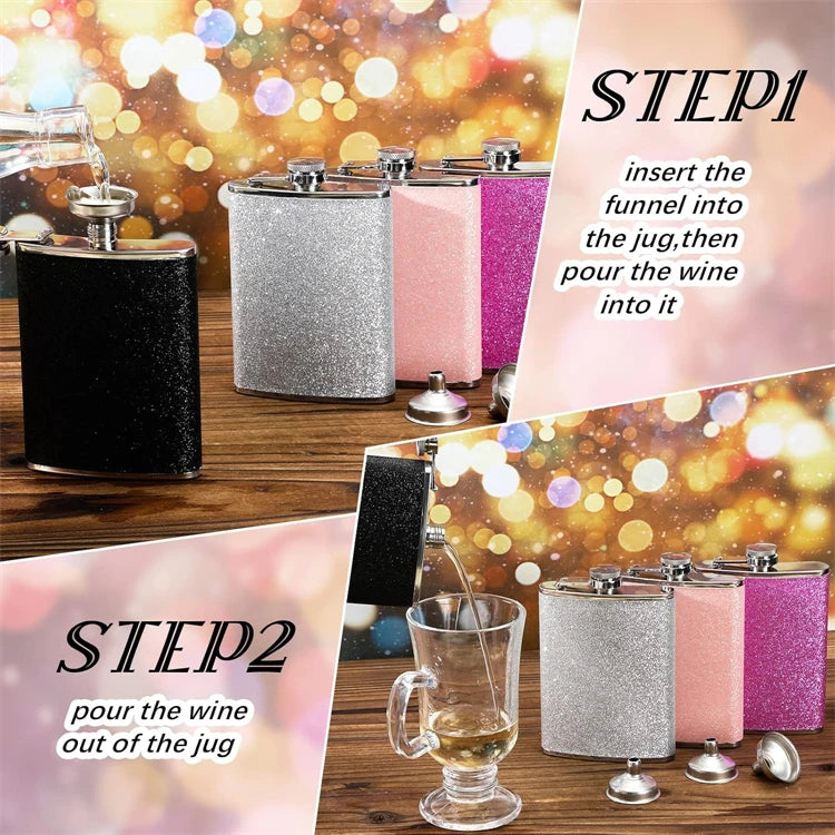 LMETJMA 8oz 230ML Hip Flask Stainless Steel Glitter Bling Liquor Flask for Women Leakproof Girl Whiskey Flask Pocket Flask JT376