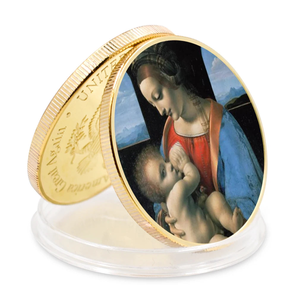 EU Style Sliver Coins Leonardo Da Vinci Paintings Coin Classic Metal Artwork The Renaissance Retro Commemorative Coin Home Decor
