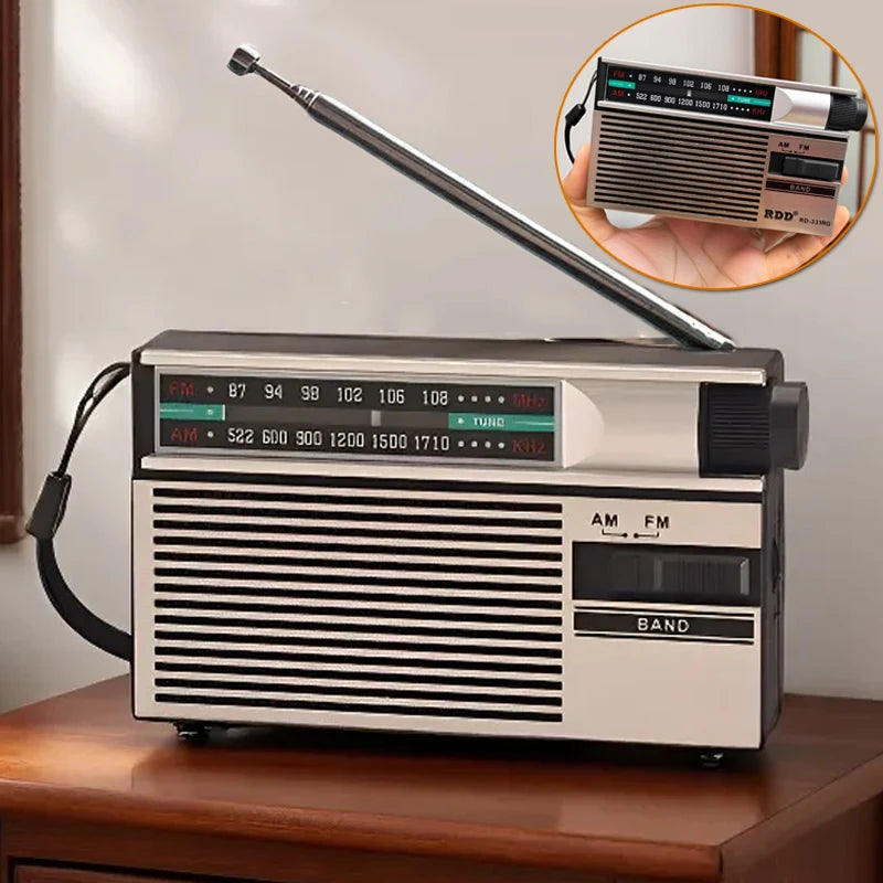 Mini Portable FM AM Radio Rehchargeable Vintage Dual Band Radios with Telescopic Antenna Rotary Switch 2 Power Supply for Elder