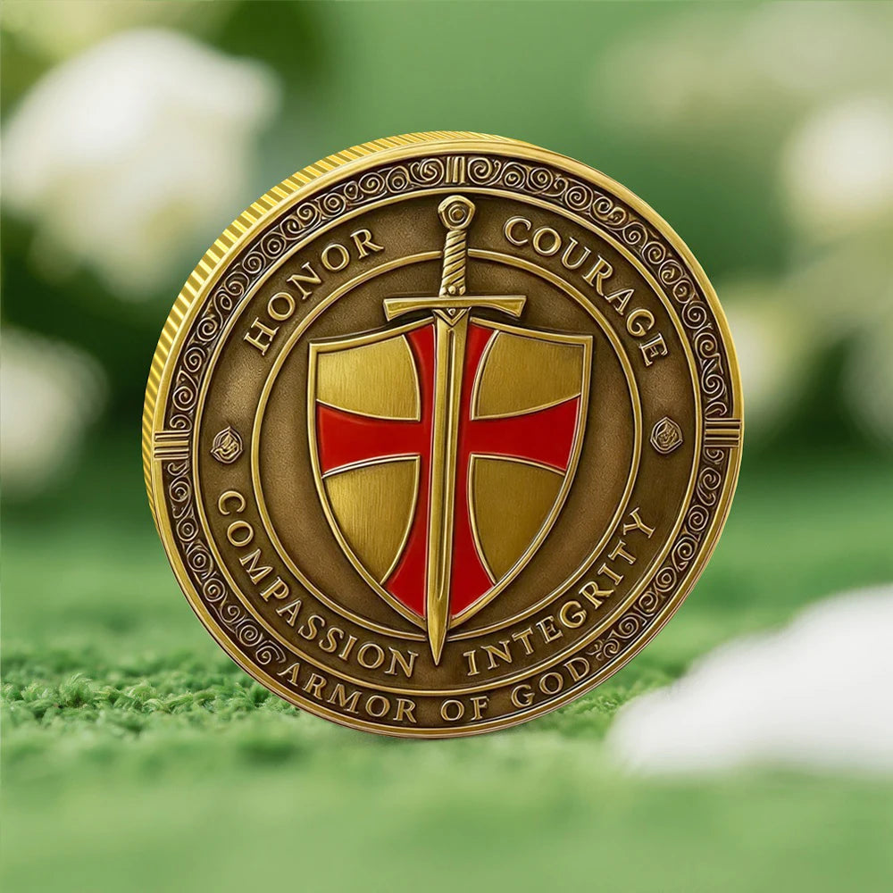 2D Armor of God Templar Coin Gold Plated Christian Challenge Coin with Knight and Jesus Design