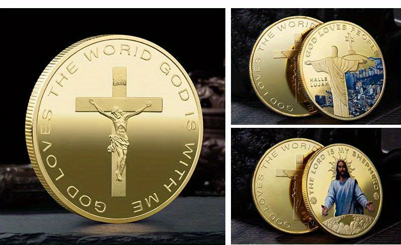 Jesus Colour Printed Metal Commemorative Coin Golden Plated Coin Stations of The Cross Pattern Souvenir Coin Collectible Coin