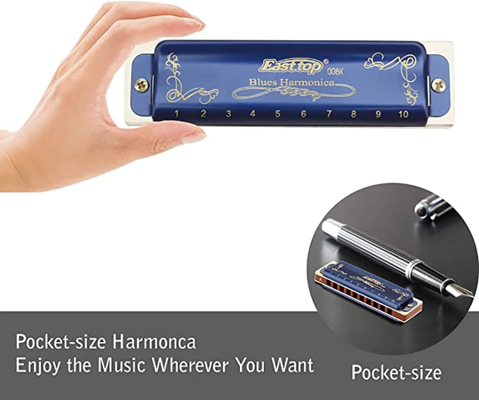 Harmonica 008K Blues Harp Mouth Organ10 Holes 20 Tones Diatonic Blues Harmonica with Blue Case, Top Grade Harmonica