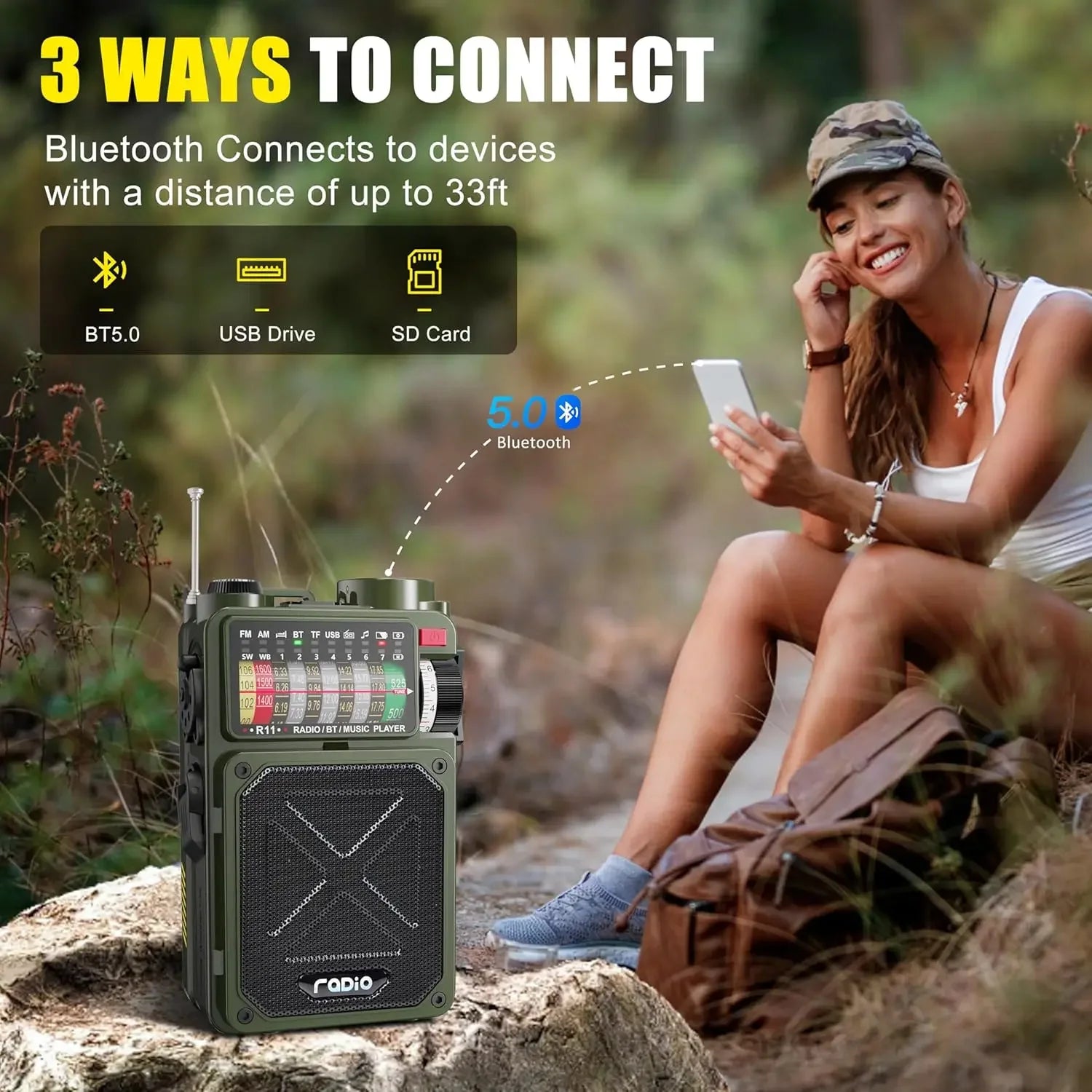 R11 Noaa Weather Radio Wireless Bluetooth Speakers Solar 4000mAh Self Powered Hand Crank Survival Wind Up AM/FM/SW/WB Band Radio