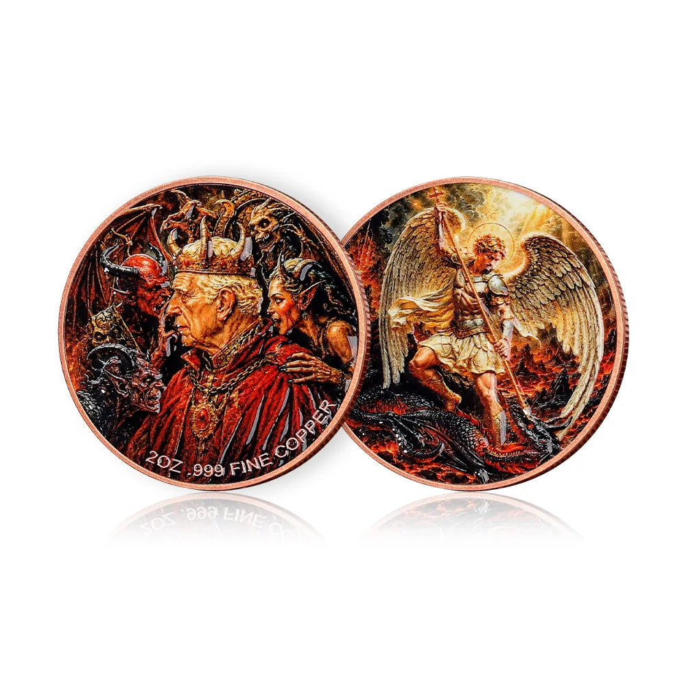 2oz .999 Fine Copper Coin Archangel Michael Vs Demon King Devil Hell Religious Fantasy Pure Copper Souvenir Collectible Medal