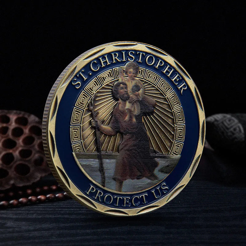 St. Christopher Patron Saint of Travelers Challenge Coin "Protect Us" Religious Prayer Commemorative Coin