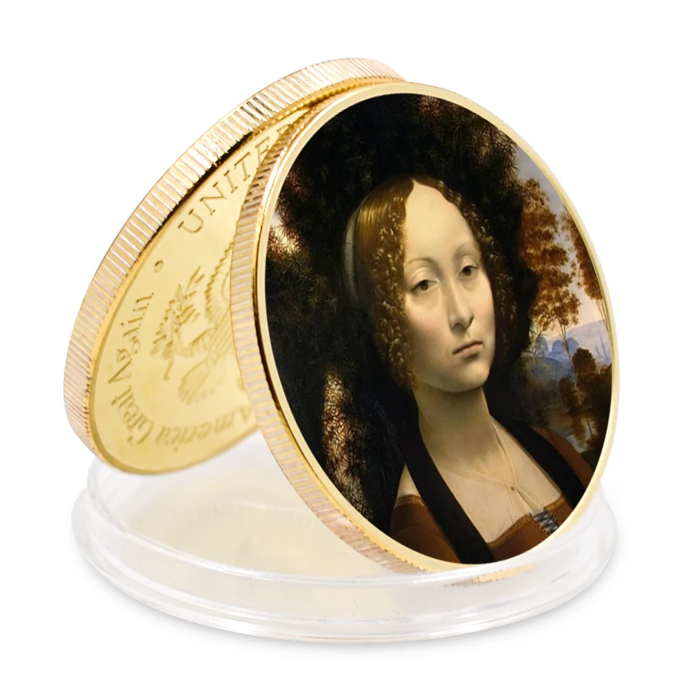 EU Style Sliver Coins Leonardo Da Vinci Paintings Coin Classic Metal Artwork The Renaissance Retro Commemorative Coin Home Decor