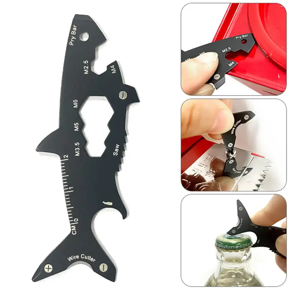 Multi-function 15 in 1 Shark Shaped Outdoor Bottle Opener Wallet Tool Card Stainless Pocket Screwdriver Survival Tool Keychain