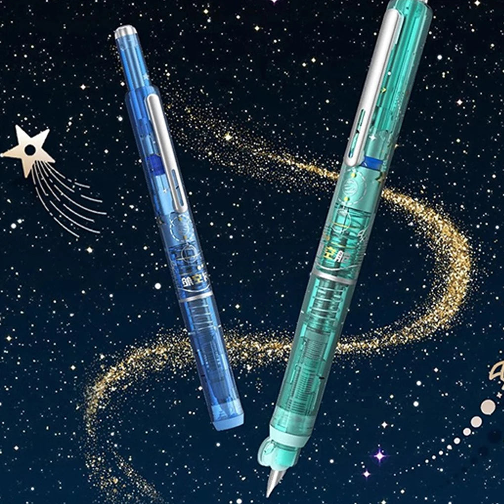 Space Capsule Design Retractable Fountain Pen 0.38mm Smooth No Splatter Writing Pen with Ink Cartridge Set for School Stationery
