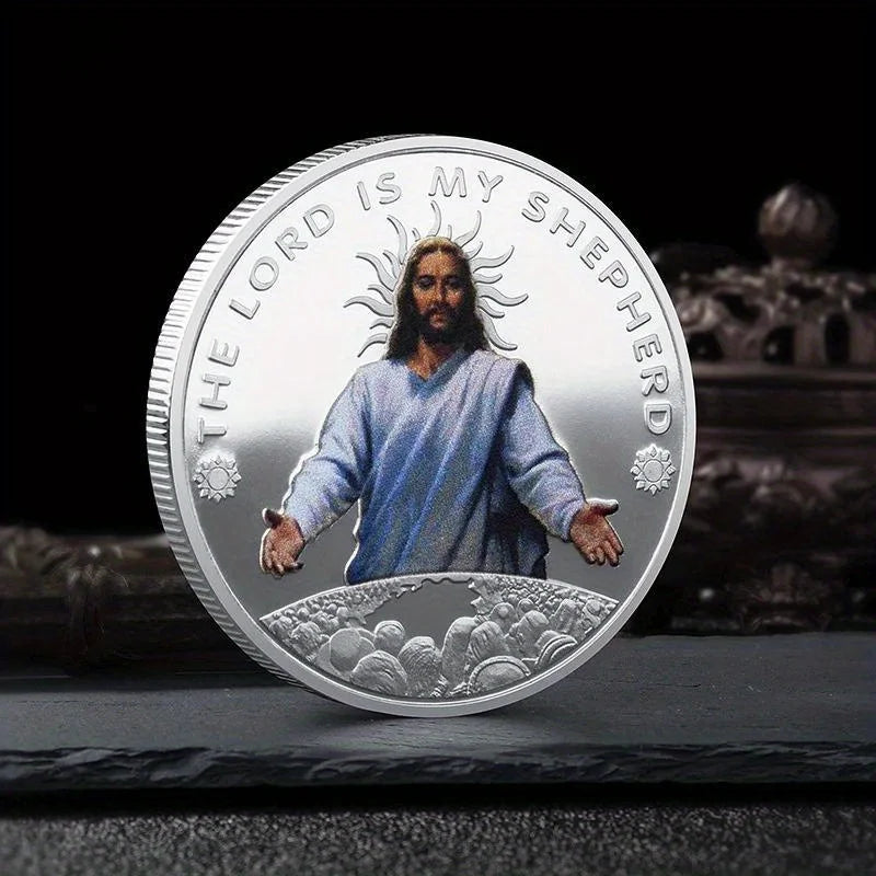 Jesus Colour Printed Metal Commemorative Coin Golden Plated Coin Stations of The Cross Pattern Souvenir Coin Collectible Coin