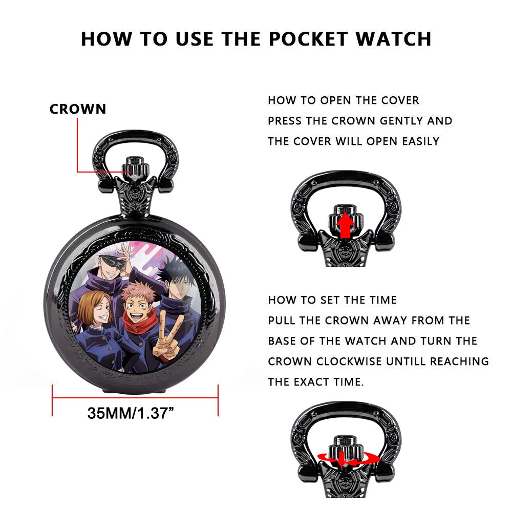 Jujutsu Kaisen Pocket Watch Elegant Exquisite Reteo Black Creative Design Quartz Pocket Watches for Women Men Children