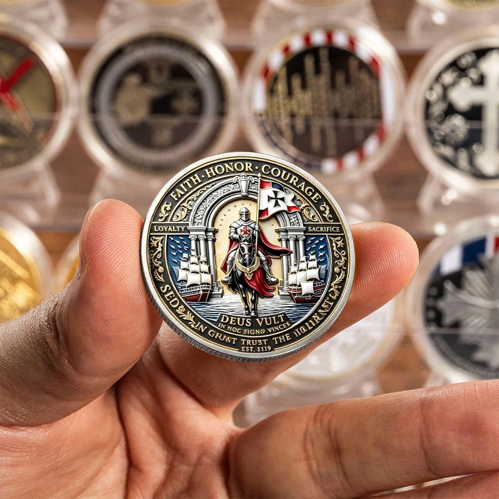 Knights Templar Challenge Coin Deus Vult & Non Nobis Domine Commemorative Coin Antique Gold Plated Collectible