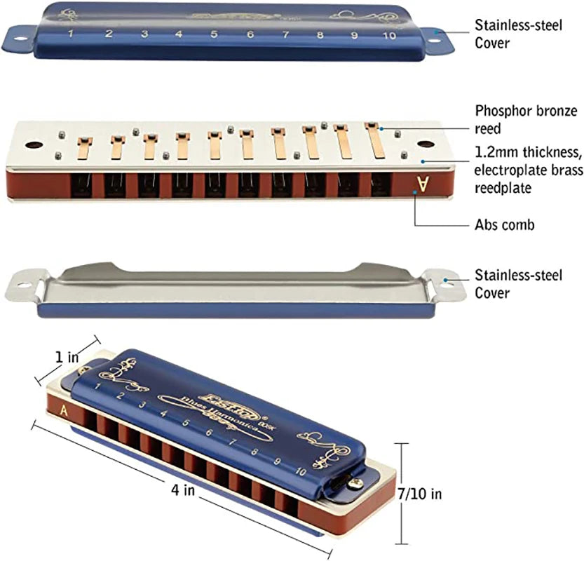 Harmonica 008K Blues Harp Mouth Organ10 Holes 20 Tones Diatonic Blues Harmonica with Blue Case, Top Grade Harmonica