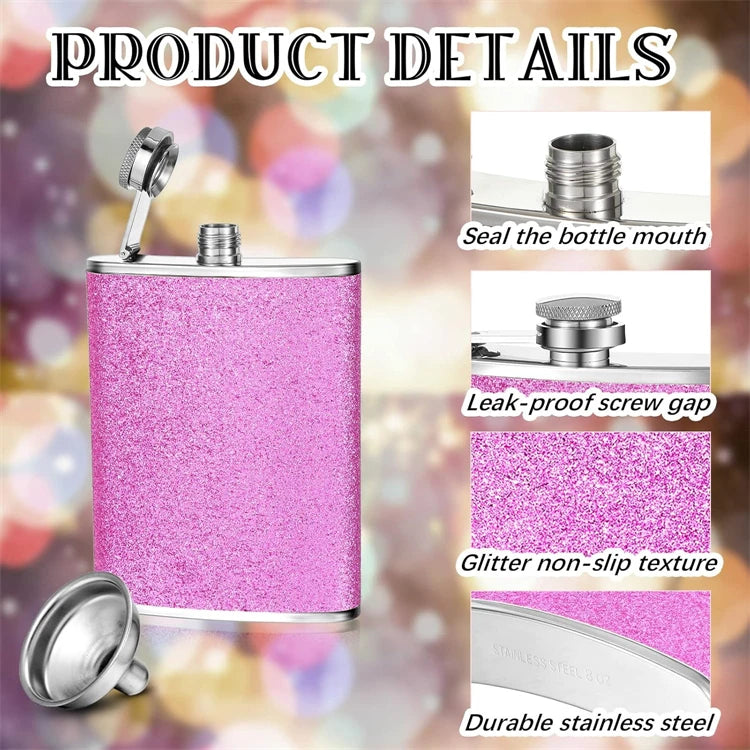 LMETJMA 8oz 230ML Hip Flask Stainless Steel Glitter Bling Liquor Flask for Women Leakproof Girl Whiskey Flask Pocket Flask JT376