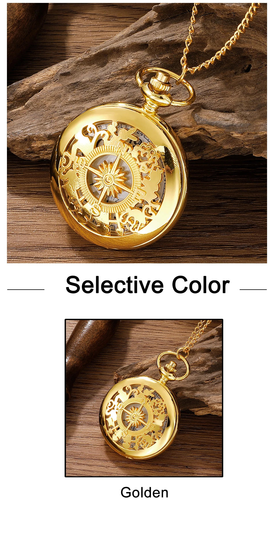 Gold pocket watch, outdoor hiking and adventure equipment, flip compass pocket watch