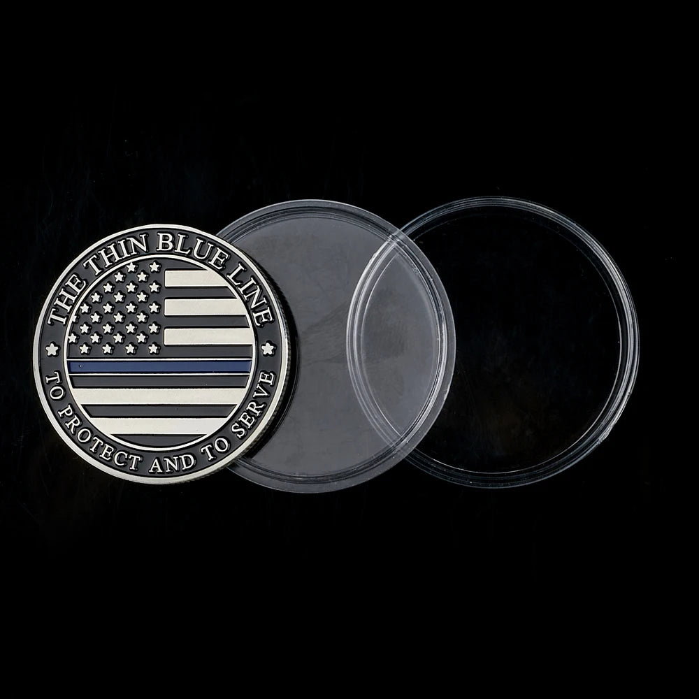USA The Thin Blue Line To Protect And To Serve US Flag Police Officer Silver Plated Coin Collectible