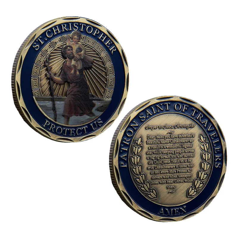 St. Christopher Patron Saint of Travelers Challenge Coin "Protect Us" Religious Prayer Commemorative Coin