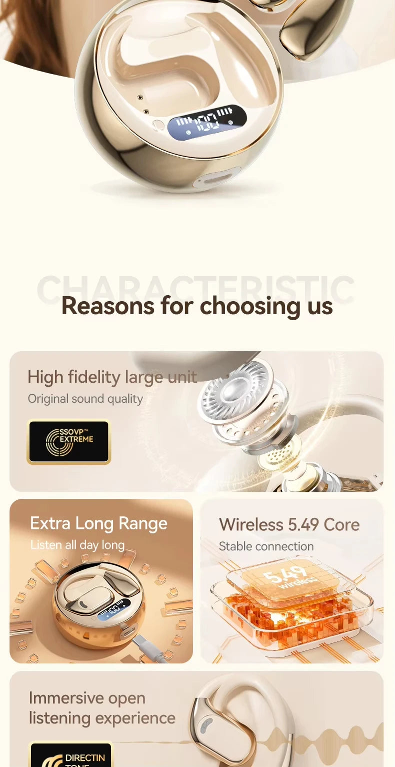Open Ear Earbuds Wireless Earbuds Bluetooth 5.4,LED Display Bluetooth Earphone,AI Noise Reduction Touch Controls,72hr Playtime