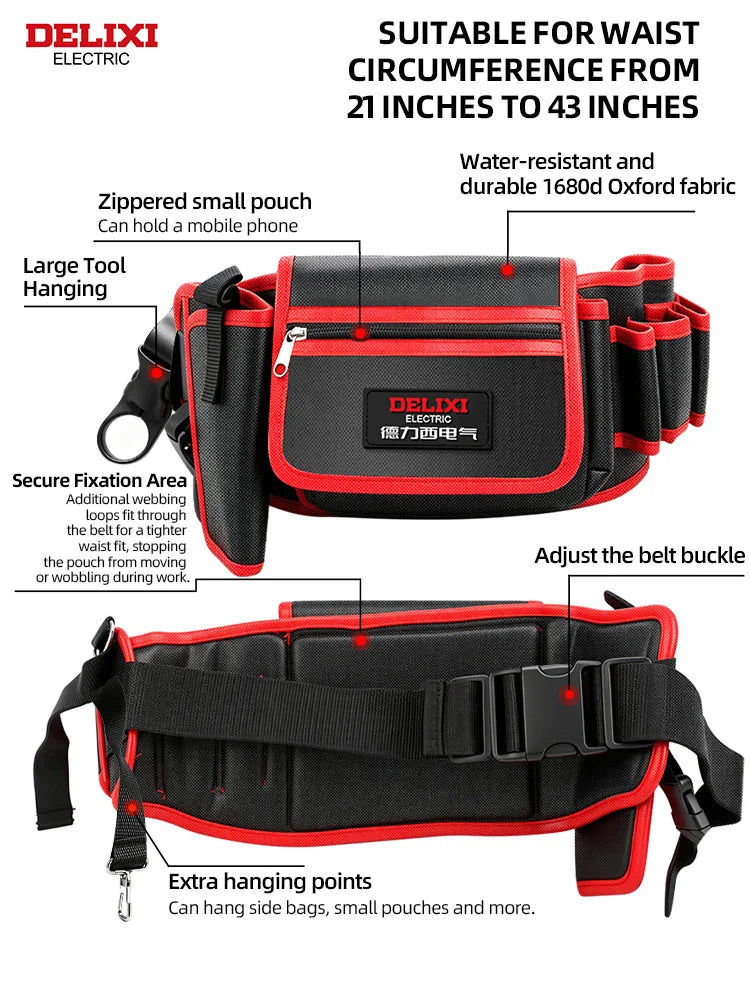 Tool Waist Bag,Puncture-Resistant Oxford Fabric,Zippered Pocket,Portable Multi-Pocket Tool Organizer,for Storage of Small Tools.
