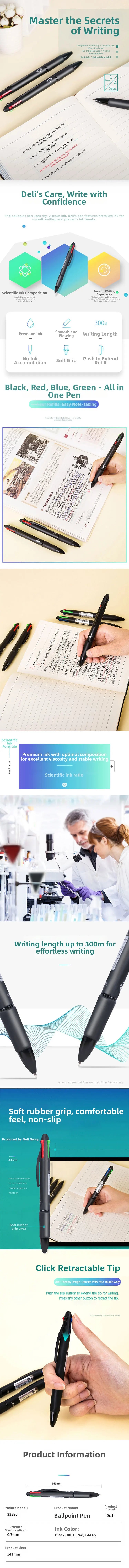 Deli Multi color Ballpoint Pen  Four color Ink Pen Color Atomic Pen Multi functional for Taking Notes and Marking Black Blue Red