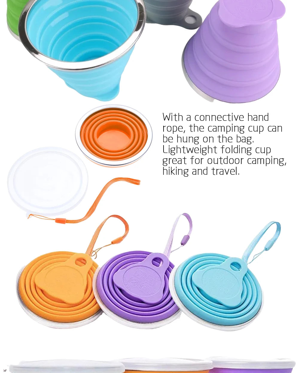 Silicone Collapsible Travel Cup 270ml Folding Camping Cup with Lid Reusable Expandable Drinkware for Outdoor Hiking