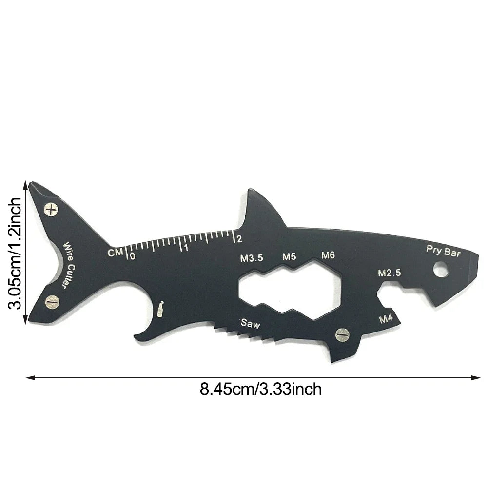 Multi-function 15 in 1 Shark Shaped Outdoor Bottle Opener Wallet Tool Card Stainless Pocket Screwdriver Survival Tool Keychain