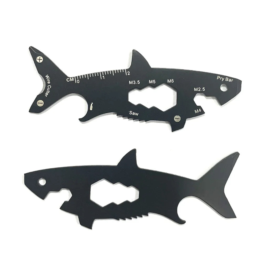 Multi-function 15 in 1 Shark Shaped Outdoor Bottle Opener Wallet Tool Card Stainless Pocket Screwdriver Survival Tool Keychain