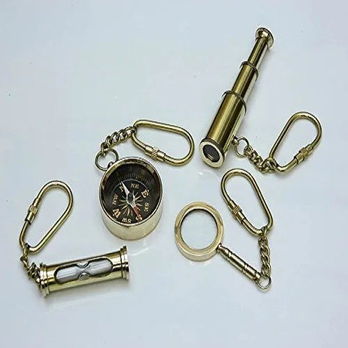 Vintage Brass Nautical Miniature Keychains Set of 4 Maritime Metal Key Rings Collectible Souvenirs for Sailors, Boats & Coastal
